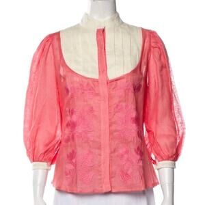 March 11 Linen Snap Closure Pink Embroidered Tunic Top Mock Neck Sz S (V3
